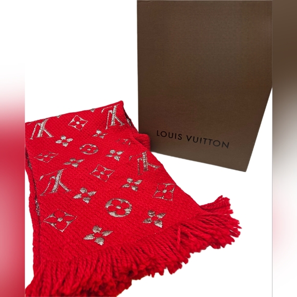 Louis Vuitton Accessories - Louis Vuitton Red Metallic Logomania Scarf with Box /COA